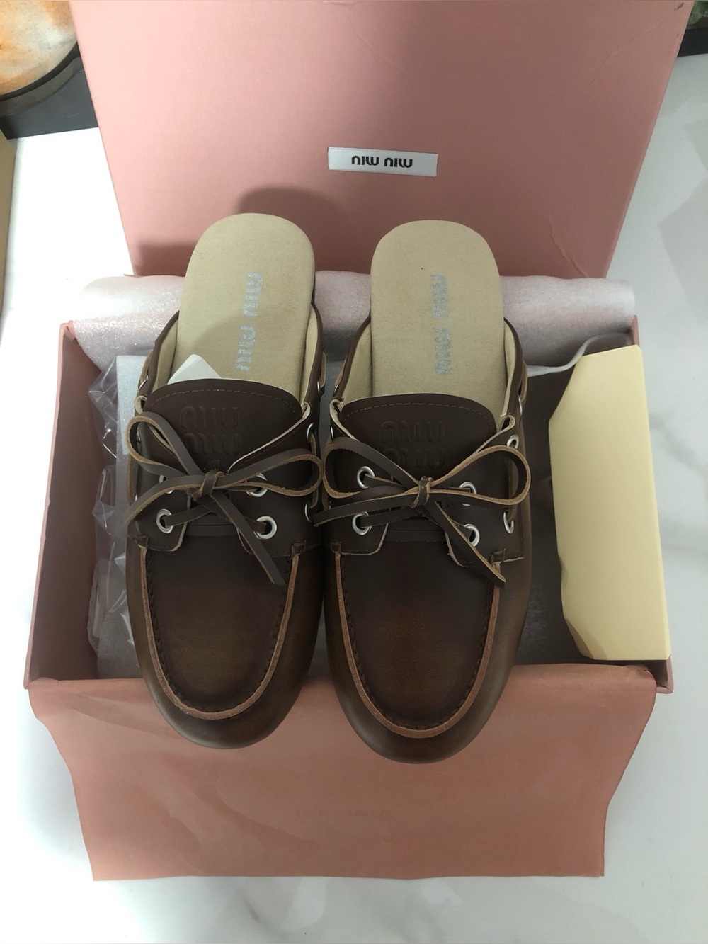 Miu Miu Brown Leather Slide Mules with Lace-Up Detail